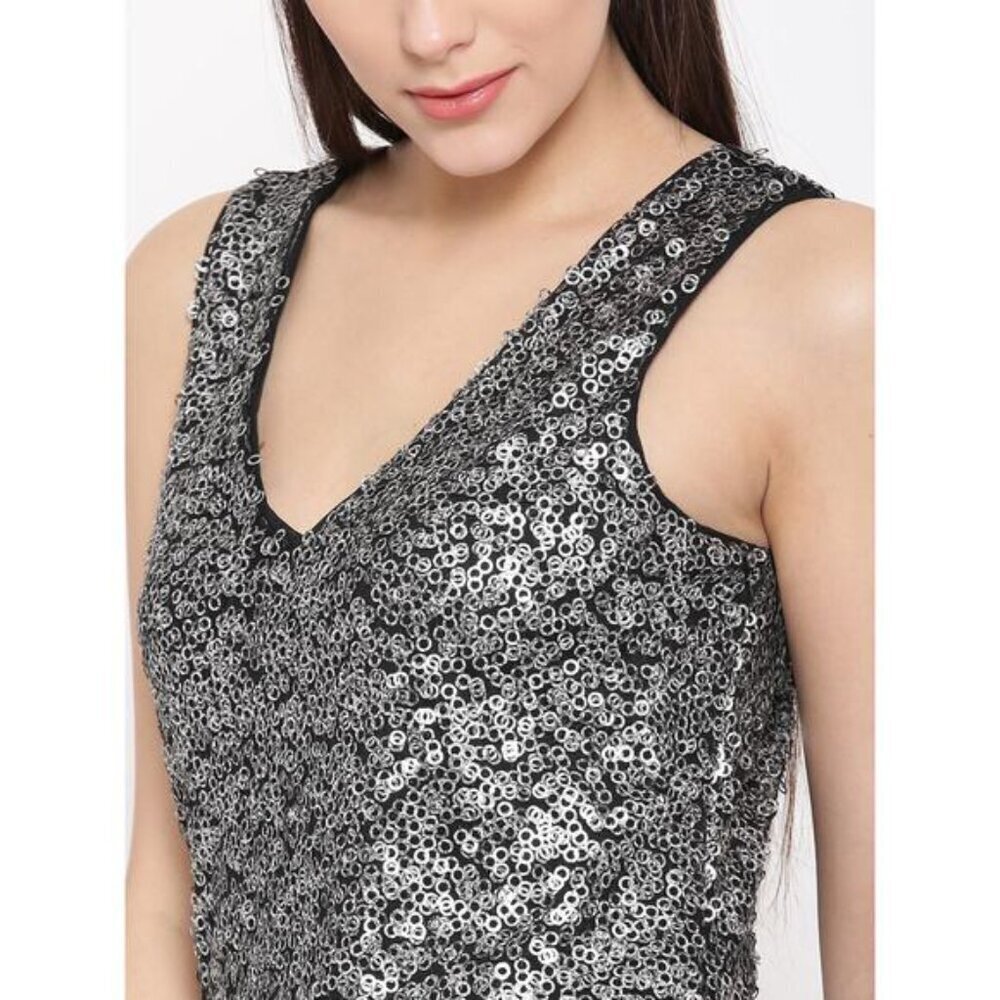 LILY ALLEN Vero Moda Silver Sequin Shift Dress Sz Large - Picture 2 of 9